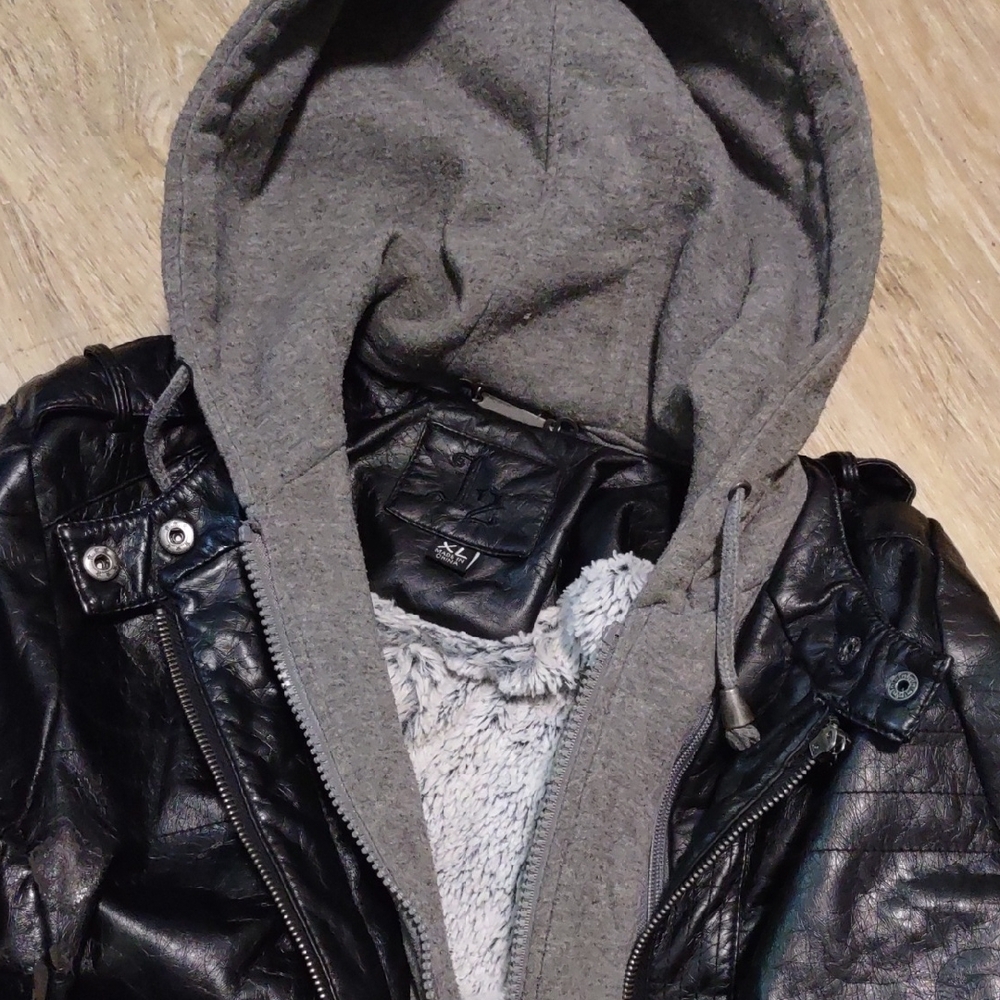 Black Leather Jacket with Gray Hood
